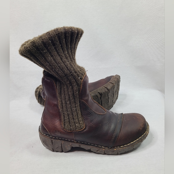 El Naturalista Brown Pull On Knit Leather Mid Calf Sock boots- Unisex - Picture 4 of 13